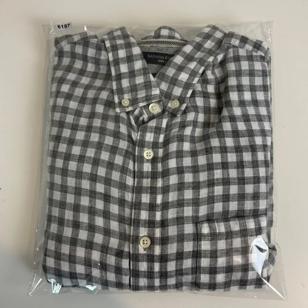 Banana Republic Camden Fit Linen Grey White Checkered Shirt XL